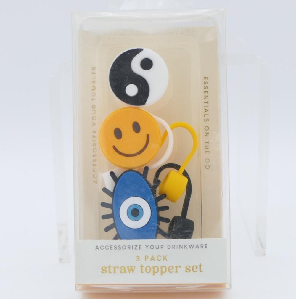 3 Pack Tumbler Straw Topper Set (Yin/Yang  Evil Eye  Smiley Face)